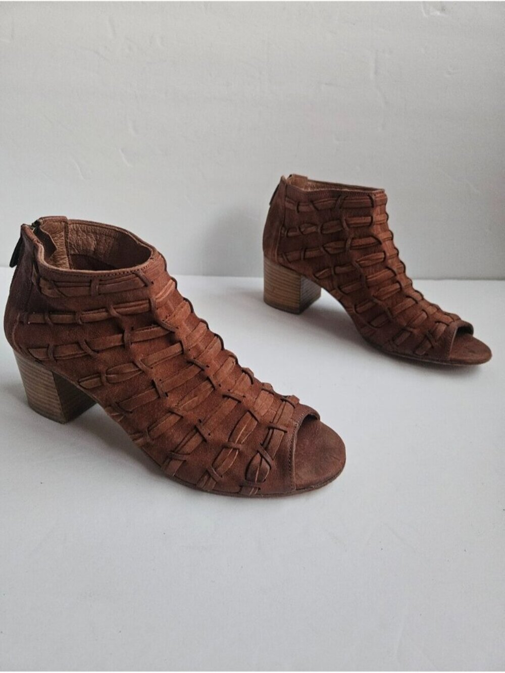 Ron White Brick Orange Woven Nubuck Leather Peep Toe Block Heel Booties